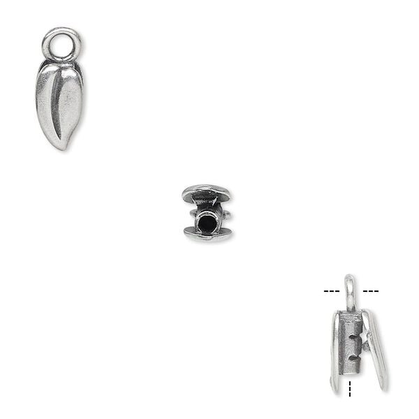 Crimp end, JBB Findings, antique silver-plated brass, 9x5mm double-sided leaf, 1.5mm inside diameter. Sold per pkg of 2. image number 0