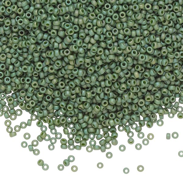 Seed bead, Miyuki, glass, pkg/35g, #15 rocaille, opaque matte rainbow basil green, (RR-4700). image number 0