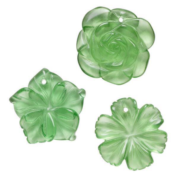 Drop mix, glass, translucent green, 25x21mm-26x25mm top-drilled carved flower. Sold per pkg of 3. image number 0