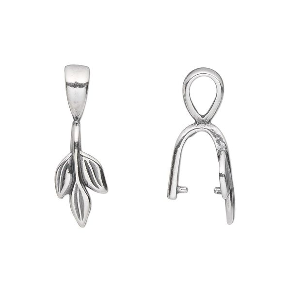 Bail, JBB Findings, ice-pick, antique silver-plated pewter (tin-based alloy), 23x8mm single-sided leaves with 8.5mm grip length. Sold per pkg of 2. image number 0