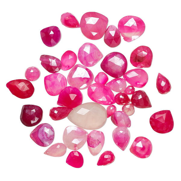 Bead mix, chalcedony (dyed), multi-pink 6x4mm-25x18mm hand-cut top-drilled faceted teardrop, Mohs hardness 6-1/2 to 7. Sold per 1-ounce pkg, approximately 35 beads. image number 0