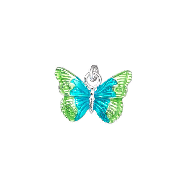 Charm, sterling silver and enamel, teal and green, 18x13mm single-sided butterfly. Sold individually. image number 0