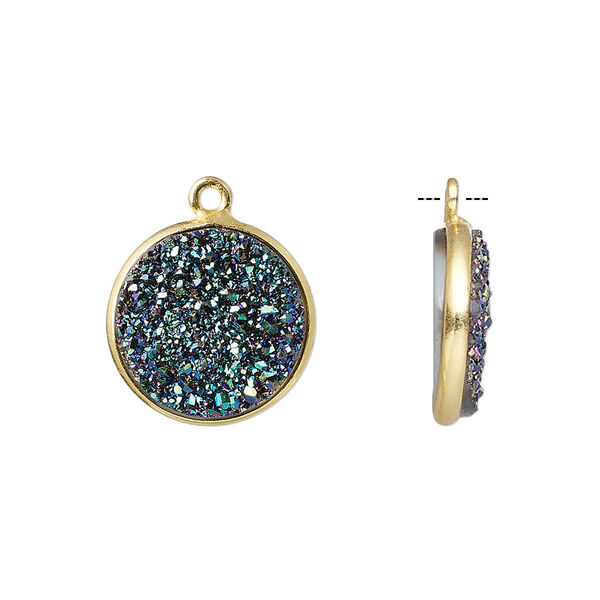 Druzy agate / sterling silver 1pkg1, electrocoated gold finished hand-cut flat round drop 15mm image number 0