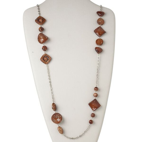 Necklace, acrylic and silver-finished steel, brown, flat round, 47-inch continuous loop. Sold individually. image number 0