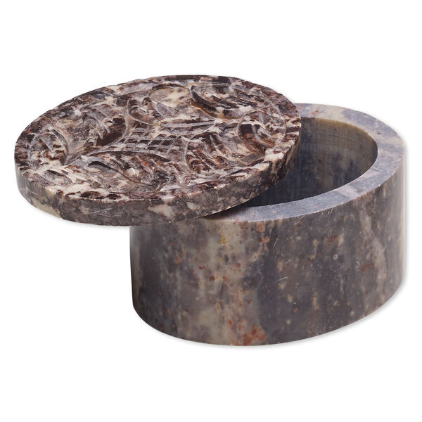 Soapstone 1pkg1, hand-carved oval trinket box / leaf / diamond design 1.5x2x1.75 inch image number 0