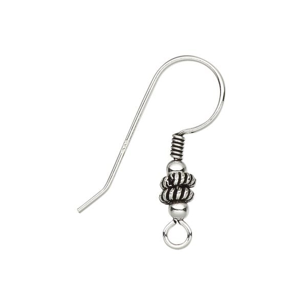 Ear wire fishhook 1pkg2 sterling silver, 27mm / 8x5mm double rondelle / 4mm coil / open loop, 21 gauge antiqued 1 pair image number 0