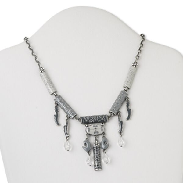 Necklace, Czech rhinestone / enamel / antiqued silver-finished steel and brass, clear and dark grey, tube, 16 inches with 2-inch extender and lobster claw clasp. Sold individually. image number 0