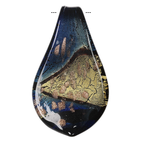 Pendant, lampworked glass, blue and black with gold-colored foil and copper-colored glitter, 59x35mm spoon. Sold individually. image number 0