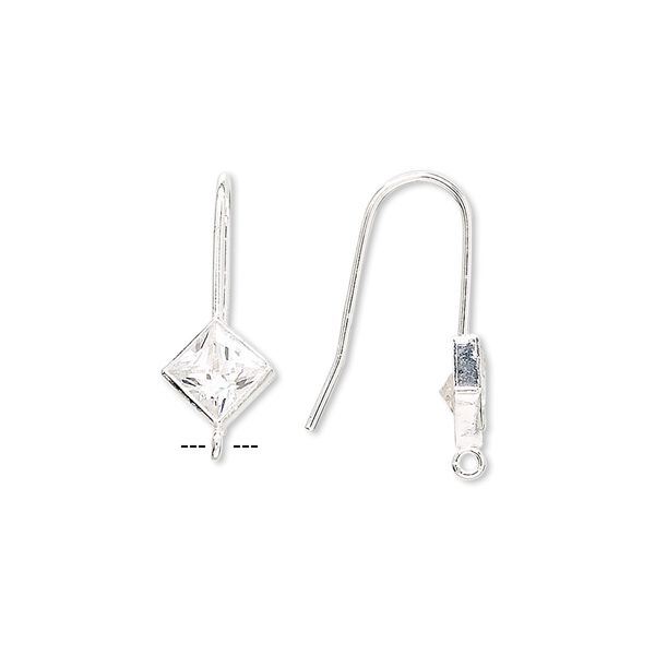 Ear wire fishhook 1pkg2 sterling silver / cubic zirconia, 18mm / 6mm faceted diamond / open loop, 20 gauge clear 1 pair image number 0
