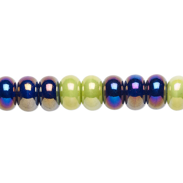 Bead, porcelain, opaque blue and green AB, 8x5mm-8.5x5mm rondelle. Sold per 8-inch strand, approximately 40 beads. image number 0