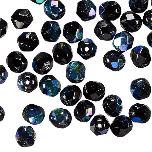 Czech fire-polished glass 1pkg1, faceted round bead half-coated opaque jet black AB 1 mass 6mm image number 0