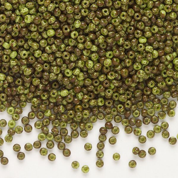 Seed bead, Preciosa Ornela, glass, opaque moss green travertine, #11 rocaille. Sold per 50-gram pkg. image number 0
