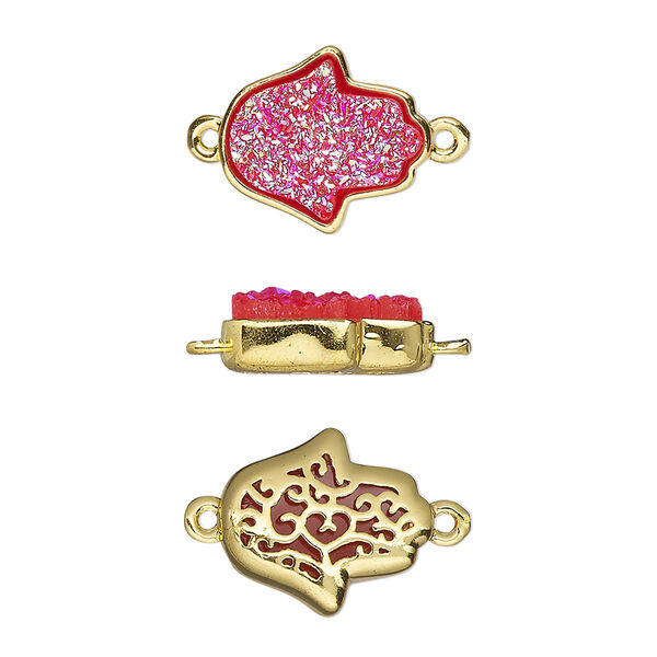 Link, Druzylite™, "druzy" (resin) and gold-finished brass, hot pink, 14x12.5mm two-sided Hamsa hand with open filigree back. Sold per pkg of 4. image number 0