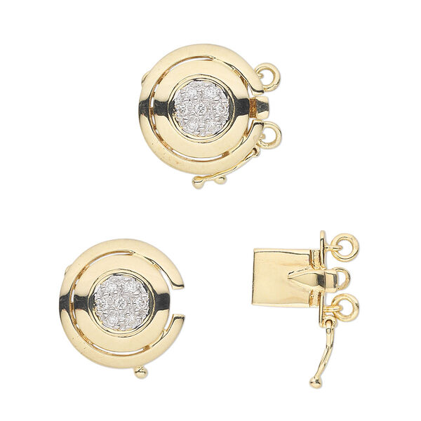 Clasp, 2-strand tab with safety, diamond (natural) and 14Kt gold, 13.5mm flat round with faceted round. Sold individually. image number 0