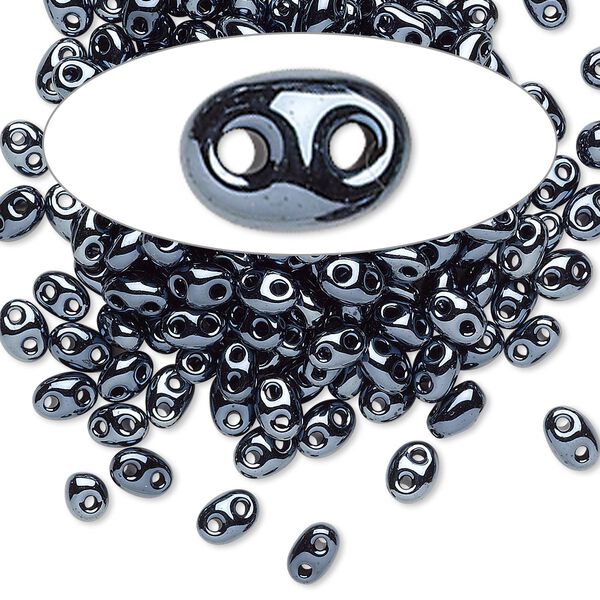 Seed bead, Preciosa Twin™ Czech glass, pkg/10g, 5x2.5mm oval, opaque pewter iris black, (49102). image number 0