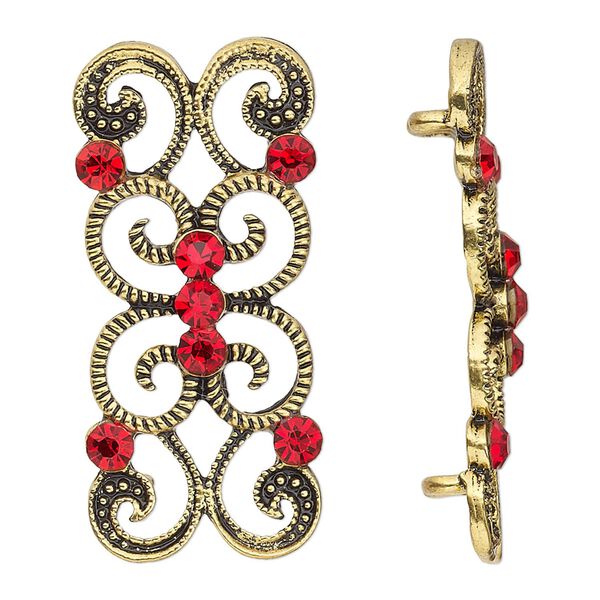 Spacer, antiqued gold-finished "pewter" (zinc-based alloy) and Czech glass rhinestone, light Siam, 37x16mm 2-strand fancy rectangle. Sold per pkg of 4. image number 0