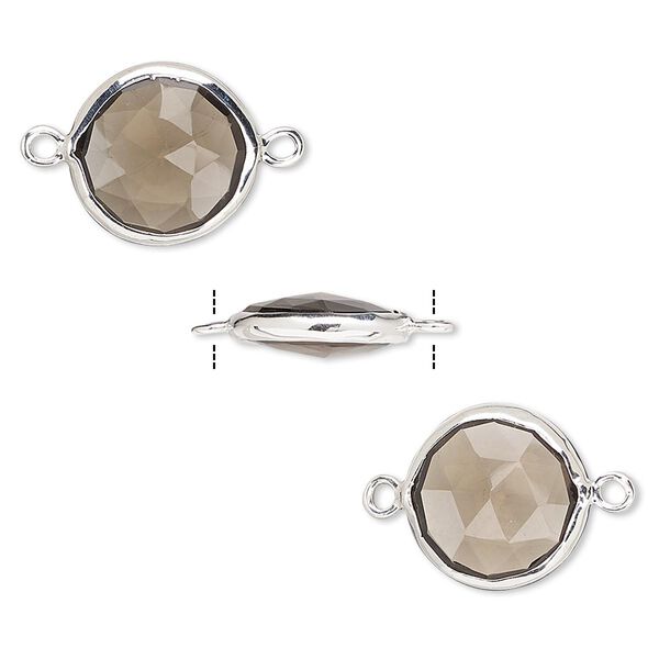 Link, smoky quartz (heated / irradiated) and sterling silver, 12mm double-sided faceted round. Sold per pkg of 2. image number 0