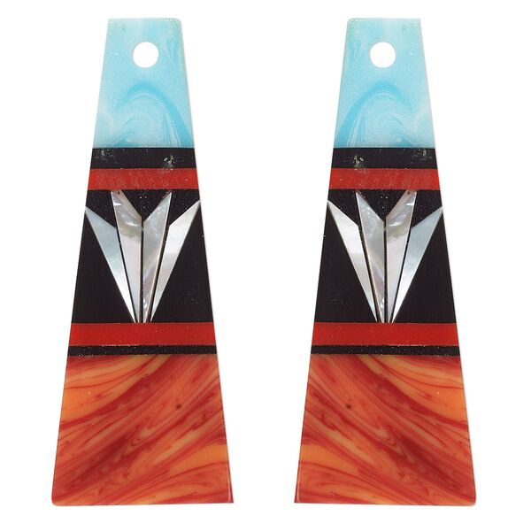 Focal, mother-of-pearl shell and resin, multicolored, 38x14mm single-sided flat trapezoid. Sold per pkg of 2. image number 0