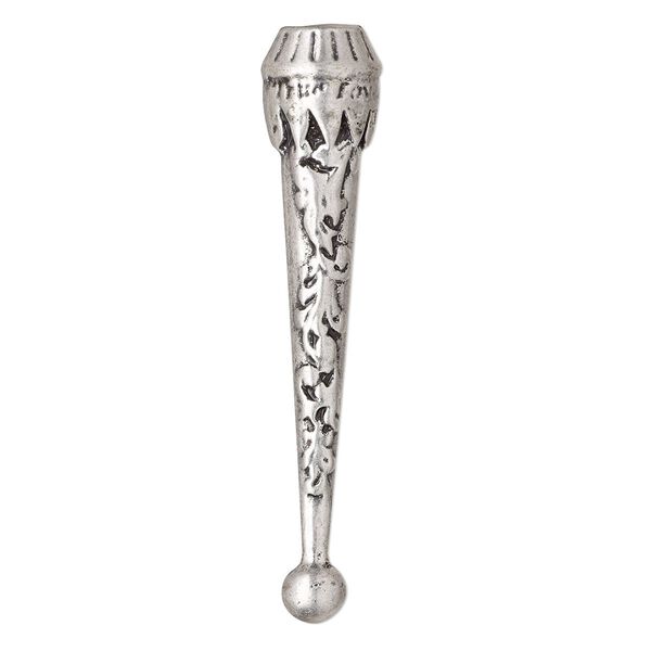 Bolo tip, antique silver-finished "pewter" (zinc-based alloy), 50x10mm with 6mm ball and flourish design. Sold per pkg of 4. image number 0