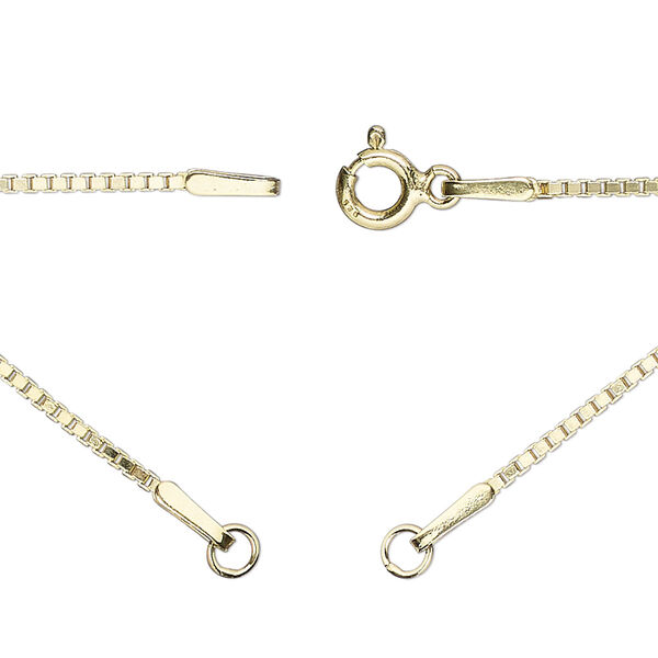 Sterling silver "vermeil" 1pkg1, 1.1mm square box chain necklace component, 16.75 inch / 5mm springring clasp / 3.5mm jump ring gold-plated image number 0