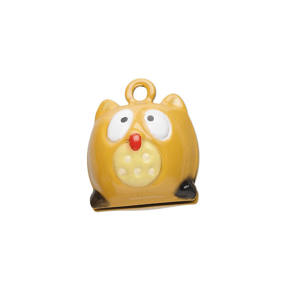 Bell, brass and enamel, multicolored, 17x17mm owl with clapper. Sold per pkg of 6. image number 0