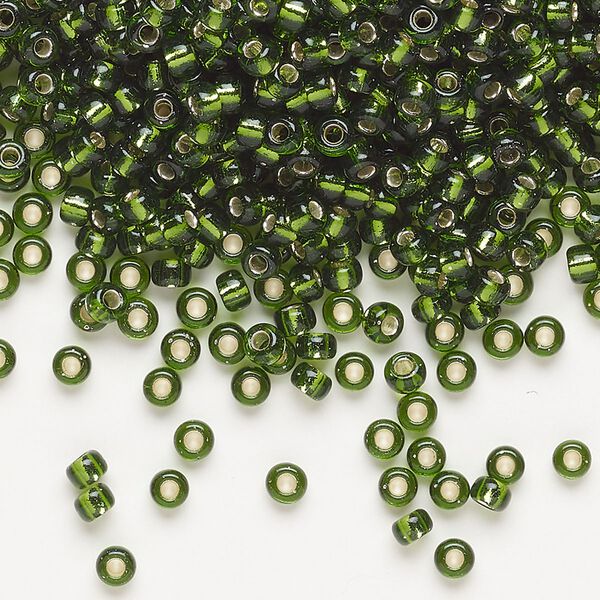 Seed bead, Miyuki, glass, pkg/250g, #8 rocaille, transparent silver-lined olive green (RR-26). image number 0