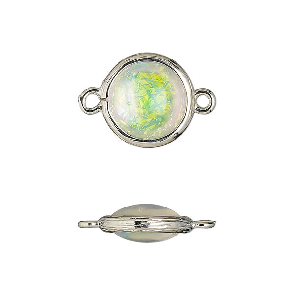 Link, Opalized Ice™, "opal" (resin) and imitation rhodium-finished brass, opaque white, 14mm double-sided round. Sold per pkg of 4. image number 0