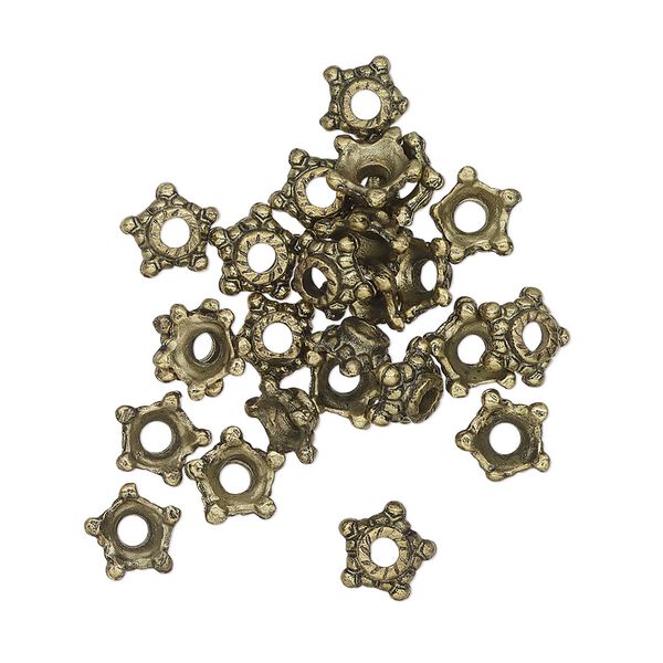Bead cap, antique brass-finished brass, 6-7mm beaded star, fits 5-8mm beads. Sold per pkg of 25. image number 0