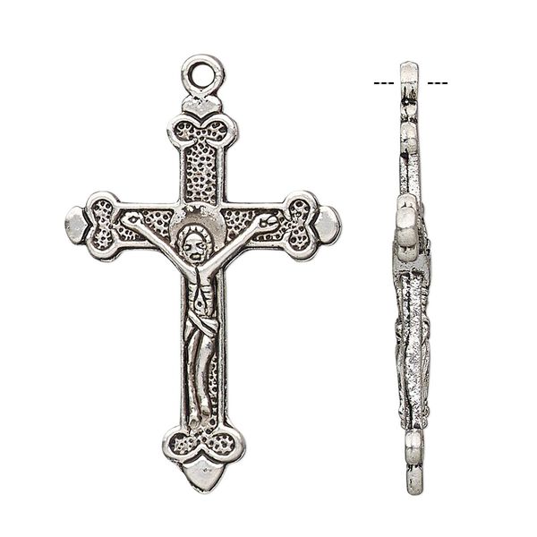 Focal, antique silver-plated "pewter" (zinc-based alloy), 35x24mm double-sided crucifix. Sold per pkg of 10. image number 0