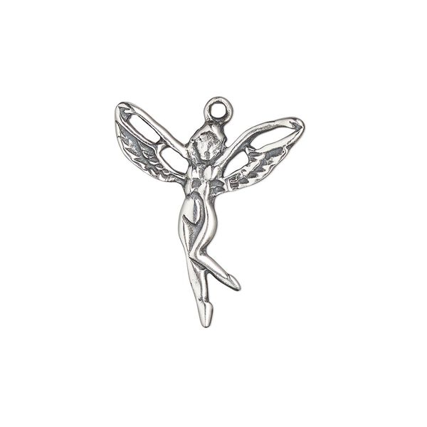 Charm, antiqued sterling silver, 22x20mm single-sided fairy. Sold individually. image number 0