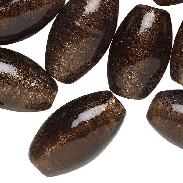 Bead, lampworked glass, translucent dark brown, 25x14mm oval with copper-colored glitter. Sold per pkg of 20. image number 0