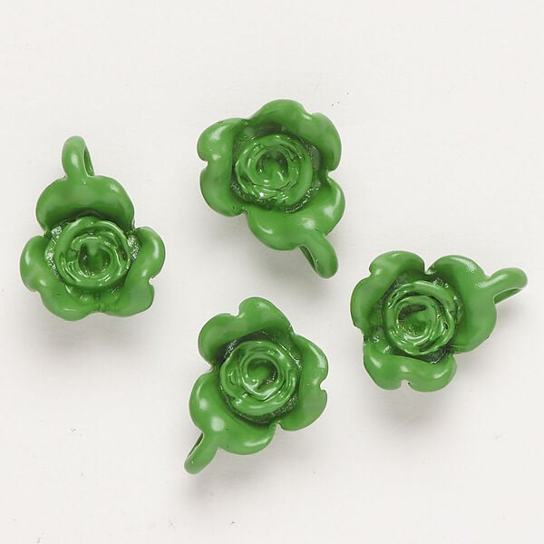 Charm, "pewter" (zinc-based alloy) and enamel, green, 17x13mm flower. Sold per pkg of 4. image number 0