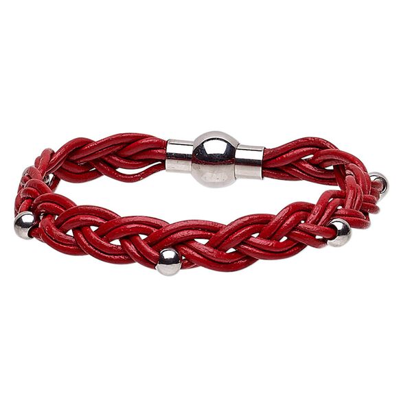 Bracelet, leather (dyed) and stainless steel, red, 11mm wide braided with 5mm round, 7 inches with magnetic clasp. Sold individually. image number 0