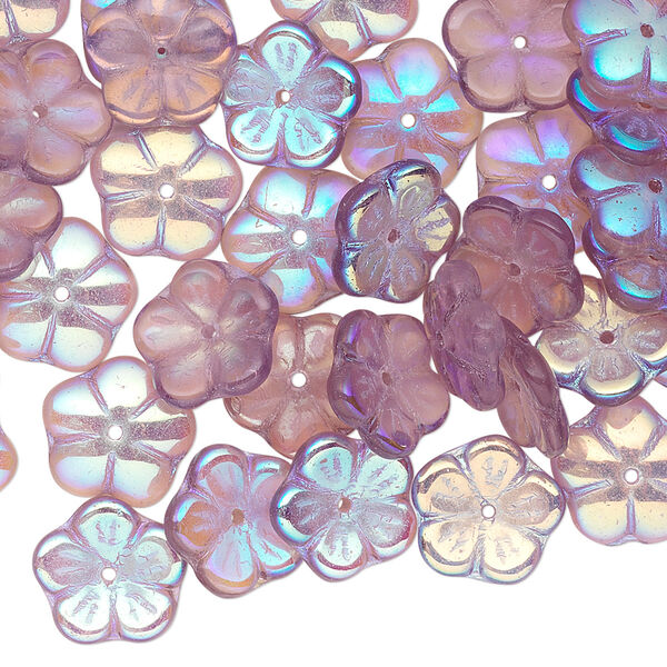 Bead cap, Czech pressed glass, amethyst purple AB, 10x3mm flower, fits 8-10mm bead. Sold per pkg of 50. image number 0
