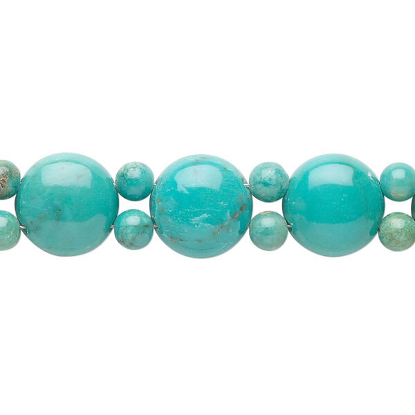 Bead, turquoise (dyed / stabilized), blue, 5mm round and 11mm double-drilled domed flat round, B grade, Mohs hardness 5 to 6. Sold per 6-1/2 inch strand. image number 0