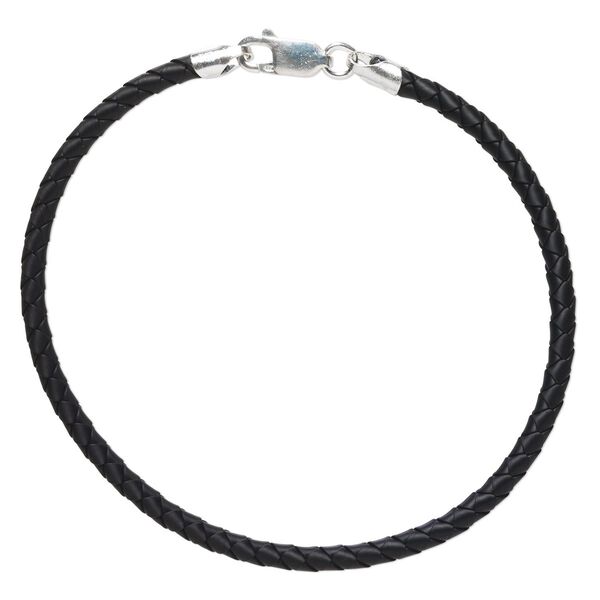 Bracelet cord, rubber and sterling silver, black, 3mm braided, 7 inches with lobster claw clasp. Sold individually. image number 0