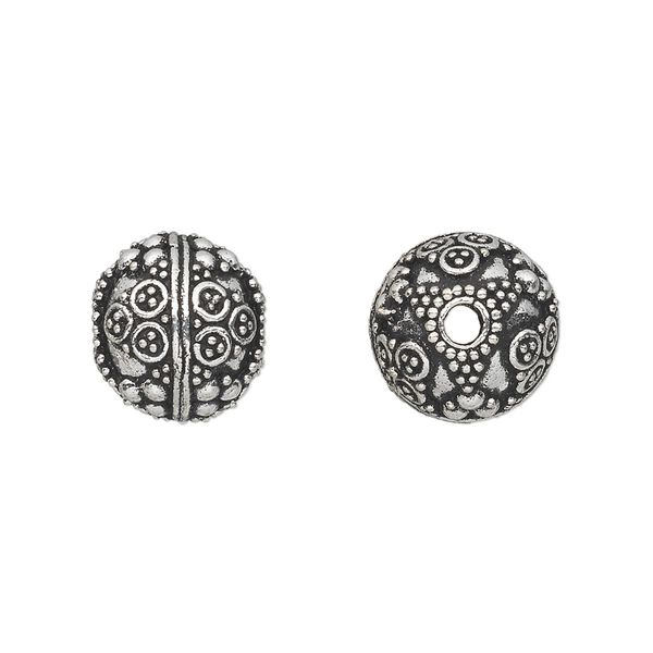 Bead, antique silver-plated white brass, 12mm round with dot and circle accents. Sold per pkg of 2. image number 0