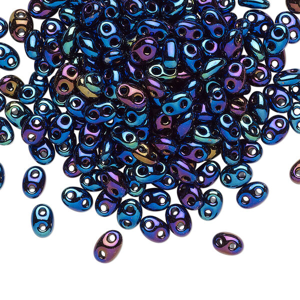 Seed bead, Preciosa Twin™ Czech glass, pkg/250g, 5x2.5mm oval, opaque blue iris black, (59135). image number 0