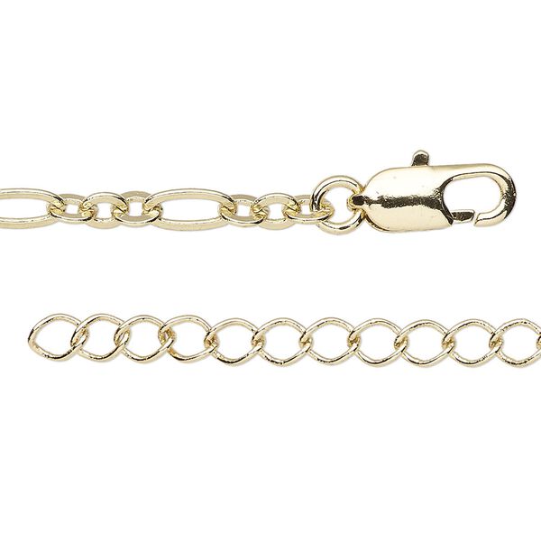 Chain, gold-finished brass, 4mm figaro, 24 inches with 1 to 3 inches extender chain and lobster claw clasp. Sold individually. image number 0