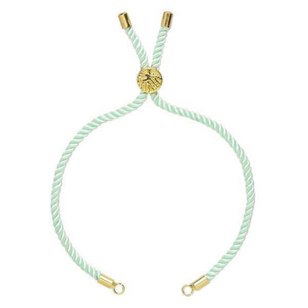 Bracelet component, nylon and gold-finished "pewter" (zinc-based alloy), mint green, 3mm wide, 8-3/4 inches with 9mm flat round adjustable slider bead with tree of life design and 2 open loops. Sold individually. image number 0