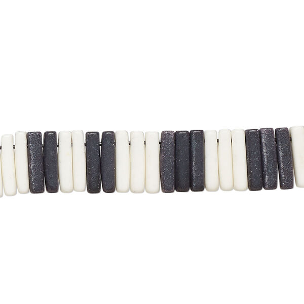 Bead, porcelain, opaque matte black and white, 9x2mm stick. Sold per 8-inch strand, approximately 100 to 120 beads. image number 0