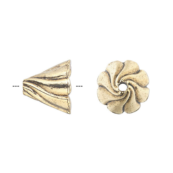 Cone, antique gold-plated pewter (tin-based alloy), 13x12mm round with swirl design, fits 12-14mm bead. Sold per pkg of 2. image number 0