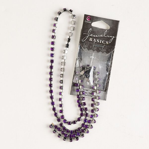 Cupchain, imitation rhodium-finished brass and glass, purple, 3mm wide, 22 inches with (8) connectors. Sold individually. image number 0