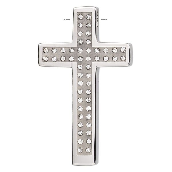 Focal, glass rhinestone / epoxy / stainless steel, clear and silver, 36x21mm single-sided cross. Sold individually. image number 0