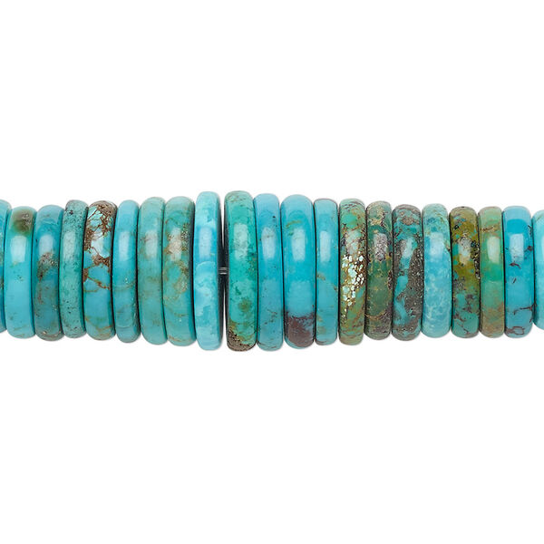 Bead, turquoise (dyed / stabilized), blue, 3x2mm-13x2mm graduated rondelle, B grade, Mohs hardness 5 to 6. Sold per 15" to 16" strand. image number 0