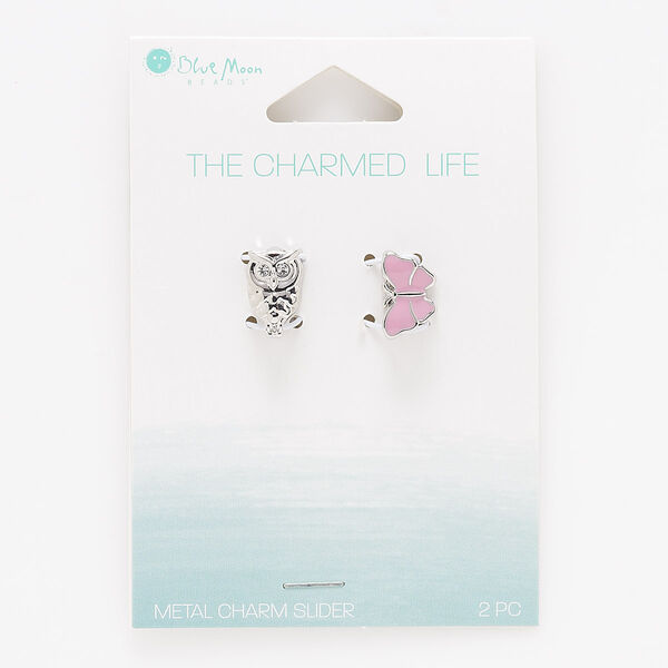 Slide mix, enamel and silver-finished "pewter" (zinc-based alloy), pink, 13x8mm single-sided owl and butterfly with 11x2.5mm hole. Sold per pkg of 2. image number 0