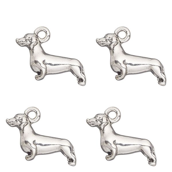 Charm, antique silver-finished "pewter" (zinc-based alloy) , 20x11mm single-sided dachshund. Sold per pkg of 4. image number 0