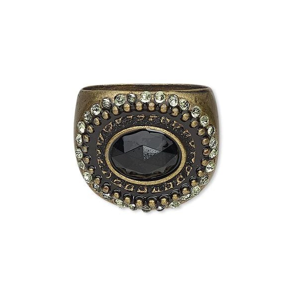 Ring, acrylic / glass rhinestone / antiqued brass-finished "pewter" (zinc-based alloy), green and black, 19mm wide with 10x8mm faceted oval, size 8. Sold individually. image number 0