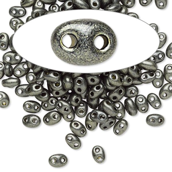 Seed bead, Preciosa Twin™ Czech glass, pkg/10g, 5x2.5mm oval, opaque khaki green terra pearl black, (28986). image number 0