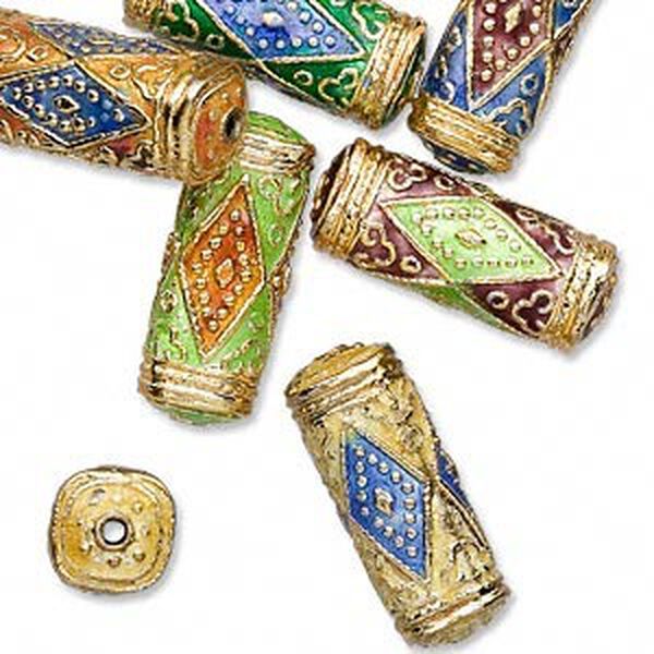 Bead mix, cloisonné, enamel and gold-finished copper, multicolored, 21x8mm square tube. Sold per pkg of 6. image number 0